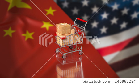 Shopping Cart Parcels Between China And America Trade Flags 3d render. Shopping Cart Parcels Between China And America Trade Flags 3d render. 140963284