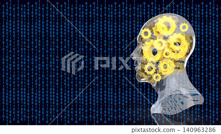 Transparent Human Mind With Gears In Binary Data 3d render. Transparent Human Mind With Gears In Binary Data 3d render. 140963286