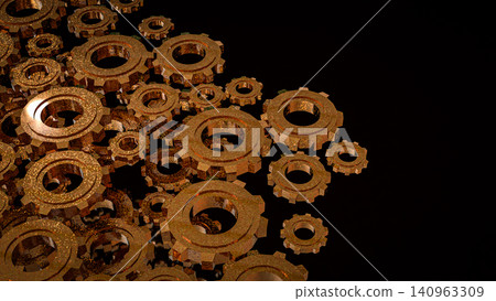 Industrial Metal Gears In Endless Mechanical Motion 3d render. Industrial Metal Gears In Endless Mechanical Motion 3d render. 140963309