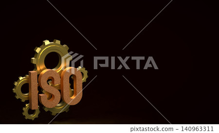 Golden ISO Standard With Precision Gear Mechanism 3d render. Golden ISO Standard With Precision Gear Mechanism 3d render. 140963311