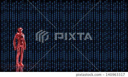 Red Humanoid Robot With Digital Binary Background 3d render. Red Humanoid Robot With Digital Binary Background 3d render. 140963317