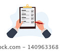hands holding clipboard checking off items on a completed survey checklist 140963368