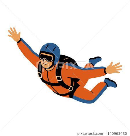 Skydiver in orange jumpsuit and blue helmet flat vector illustration for sports and adventure Skydiver in orange jumpsuit and blue helmet flat vector illustration for sports and adventure 140963480