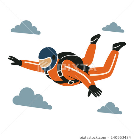 Skydiver in orange jumpsuit flat vector illustration for adventure and sports editorial 140963484