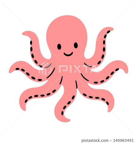 Smiling octopus cartoon character in flat vector style for kids illustration and sticker 140963491