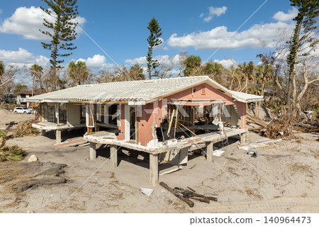 Hurricane Milton consequences on Manasota Key, Florida. Destroyed houses on sea coast. Storm surge severe damage 140964473
