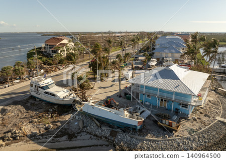 Aerial view of destroyed sailboat after hurricane Milton in Englewood, Florida Aerial view of destroyed sailboat after hurricane Milton in Englewood, Florida 140964500