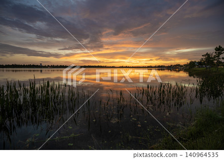 Evening landscape over lake water in southern tropical wetlands. Amazing Florida nature at sunset Evening landscape over lake water in southern tropical wetlands. Amazing Florida nature at sunset 140964535