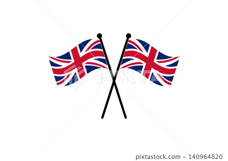 Two crossed Union Jack flags wave on black poles symbolizing British patriotism, national identity, celebration and unity for design and patriotic projects Two crossed Union Jack flags wave on black poles symbolizing British patriotism, national identity, celebration and unity for design and patriotic projects 140964820