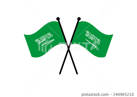 Two crossed Saudi Arabia flags with green field, white Arabic inscription and sword on conveying national pride, patriotism, identity and celebration 140965218