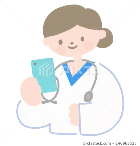 Female doctor looking at her smartphone Female doctor looking at her smartphone 140965525