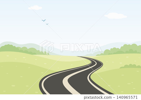 Winding Road Landscape, Cartoon Vector Illustration. Scenic Highway. Summer Countryside Horizontal Background. Curved Asphalt Road Perspective 140965571