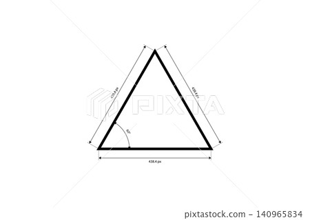 Equilateral triangle diagram showing a 60 degree interior angle, labeled side measurements and dimension arrows ideal for geometry, math education, technical design and schematic layouts 140965834