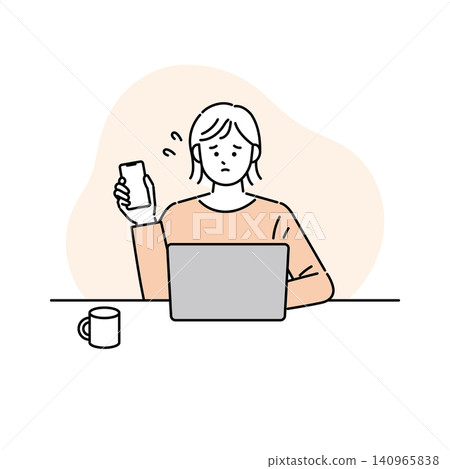 一張女性面露憂色、正在使用電腦或手機的圖片。 一張女性面露憂色、正在使用電腦或手機的圖片。 140965838