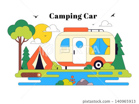 Camping Car Vector Illustration Featuring Campervan, Outdoor Adventure, Road Trip, RV Camping, Mountain Landscape, Nature Travel, and Summer Vacation Camping Car Vector Illustration Featuring Campervan, Outdoor Adventure, Road Trip, RV Camping, Mountain Landscape, Nature Travel, and Summer Vacation 140965913