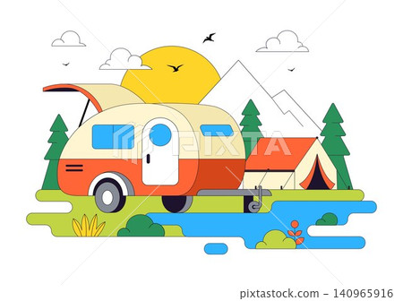 Camping Car Vector Illustration Featuring Campervan, Outdoor Adventure, Road Trip, RV Camping, Mountain Landscape, Nature Travel, and Summer Vacation Camping Car Vector Illustration Featuring Campervan, Outdoor Adventure, Road Trip, RV Camping, Mountain Landscape, Nature Travel, and Summer Vacation 140965916