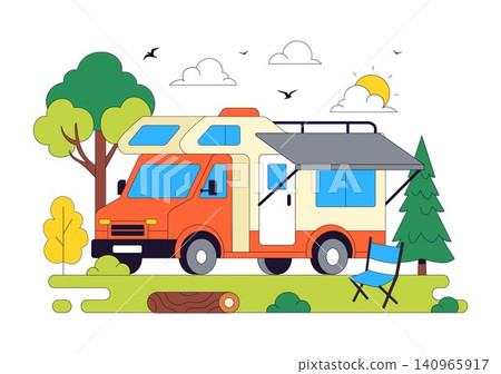 Camping Car Vector Illustration Featuring Campervan, Outdoor Adventure, Road Trip, RV Camping, Mountain Landscape, Nature Travel, and Summer Vacation Camping Car Vector Illustration Featuring Campervan, Outdoor Adventure, Road Trip, RV Camping, Mountain Landscape, Nature Travel, and Summer Vacation 140965917
