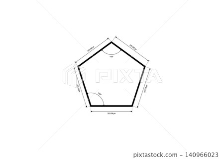 Pentagon diagram showing dimensions, edge lengths and a marked 108 degree interior angle a minimal technical illustration for geometry, engineering, architecture and educational use Pentagon diagram showing dimensions, edge lengths and a marked 108 degree interior angle a minimal technical illustration for geometry, engineering, architecture and educational use 140966023