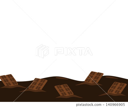 Melted chocolate river with chocolate bars bottom border on white background with copy space Melted chocolate river with chocolate bars bottom border on white background with copy space 140966905