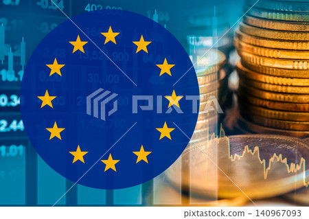 EU flag with stock market finance, economy trend graph digital technology. EU flag with stock market finance, economy trend graph digital technology. 140967093