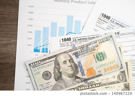 Tax form 1040 U.S. Individual Income Tax Return with dollar banknotes money. Tax form 1040 U.S. Individual Income Tax Return with dollar banknotes money. 140967129