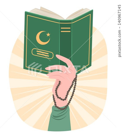 Human Hand Holding Al-Quran and Prayer Beads for Praying to God for Islamic Scripture Holy Book and Religious Items Concept Illustration Clip Art Human Hand Holding Al-Quran and Prayer Beads for Praying to God for Islamic Scripture Holy Book and Religious Items Concept Illustration Clip Art 140967145