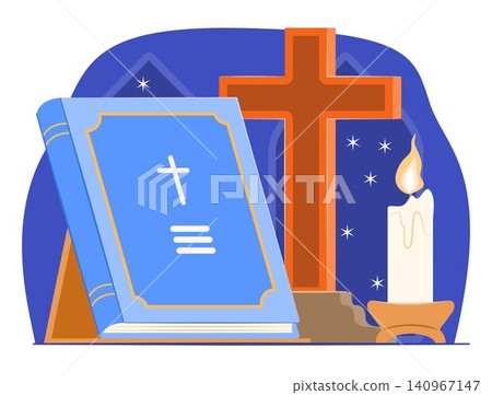 Bible Holy Book on Wooden Stand with Christian Cross and Candle for Christian Scripture Holy Book and Religion Items Concept Illustration Clip Art 140967147