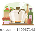 Stock Soup Pot Simmering on Gas Stove with Vegetables, Food Ingredient and Seasoning Bottles in Kitchen for Food Cooking and Culinary Concept Illustration Clip Art 140967148