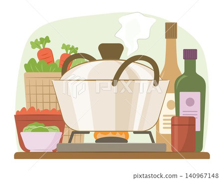 Stock Soup Pot Simmering on Gas Stove with Vegetables, Food Ingredient and Seasoning Bottles in Kitchen for Food Cooking and Culinary Concept Illustration Clip Art Stock Soup Pot Simmering on Gas Stove with Vegetables, Food Ingredient and Seasoning Bottles in Kitchen for Food Cooking and Culinary Concept Illustration Clip Art 140967148