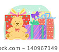 Pile of Colorful Gift Boxes with Teddy Bear Doll for Birthday Party and New Year Celebration Concept Illustration Clip Art 140967149