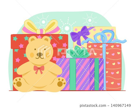 Pile of Colorful Gift Boxes with Teddy Bear Doll for Birthday Party and New Year Celebration Concept Illustration Clip Art Pile of Colorful Gift Boxes with Teddy Bear Doll for Birthday Party and New Year Celebration Concept Illustration Clip Art 140967149