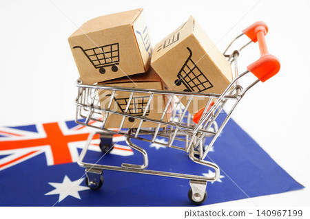 Online shopping, Shopping cart box on Australia flag, import export, finance commerce. Online shopping, Shopping cart box on Australia flag, import export, finance commerce. 140967199