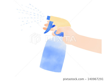 Watercolor-style illustration of a hand using a spray bottle. Watercolor-style illustration of a hand using a spray bottle. 140967291