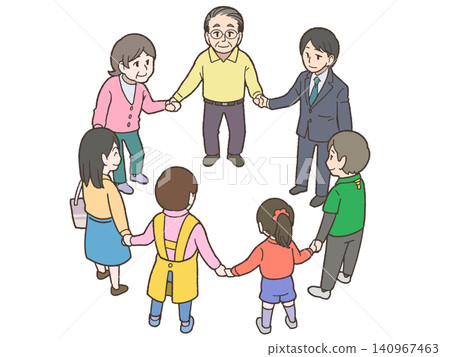 Holding hands in a circle fosters connections, teamwork, and intergenerational exchange among the elderly and children in the community. 140967463