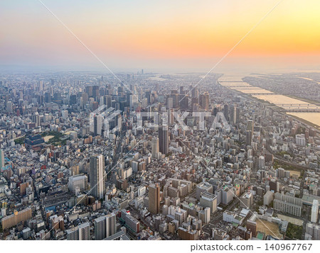 Osaka skyscrapers as seen from an airplane Osaka skyscrapers as seen from an airplane 140967767
