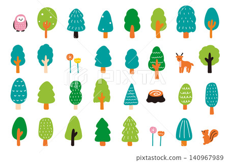 Nordic-style illustration set of trees and animals | Kids' pop color scheme 140967989