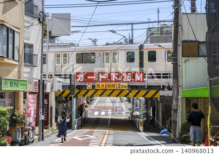 Urban landscape of Ota Ward, Tokyo: Elevated station in front of Kitachizuka Station and a parked train. Urban landscape of Ota Ward, Tokyo: Elevated station in front of Kitachizuka Station and a parked train. 140968013