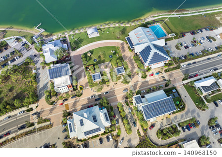 Photovoltaic panels for producing clean ecological electric energy. Florida office buildings with solar roofs. Renewable electricity with zero emission concept 140968150
