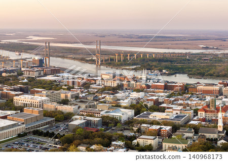 Panoramic cityscape with old historical architecture in Savannah, Georgia. Southern American architecture in evening 140968173