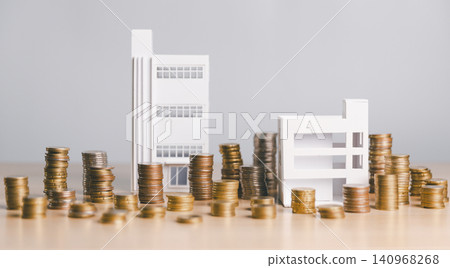 Modern building models surrounded by many coin stacks, representing commercial real estate investment, property value growth, asset portfolio, market profit, and finance. Modern building models surrounded by many coin stacks, representing commercial real estate investment, property value growth, asset portfolio, market profit, and finance. 140968268