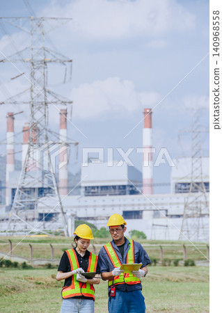 Electricity engineer working team against power plant background and power line survey inspector Electricity engineer working team against power plant background and power line survey inspector 140968558