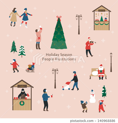 A set of illustrations of people enjoying the holiday season and Christmas markets, with backgrounds. A set of illustrations of people enjoying the holiday season and Christmas markets, with backgrounds. 140968886