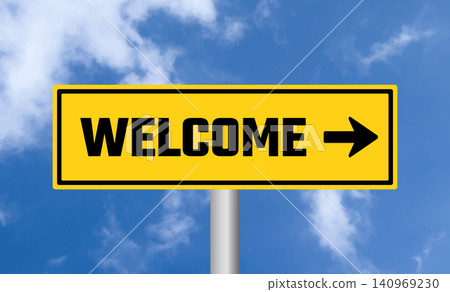 Welcome road sign on blue sky background Welcome road sign on blue sky background 140969230