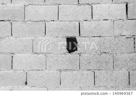 Concrete block wall with hole, unfinished construction background texture Concrete block wall with hole, unfinished construction background texture 140969367
