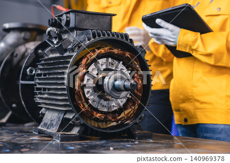 Engineer Checking DC Motor, Technician Man in Garage check inspecting service maintenance Stator. Engineer Checking DC Motor, Technician Man in Garage check inspecting service maintenance Stator. 140969378