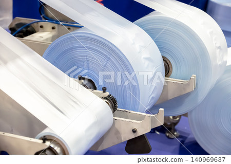 Plastic bag making machine, Packaging machinery, Plastic manufacturing, Industrial automation, Production line. Plastic bag making machine, Packaging machinery, Plastic manufacturing, Industrial automation, Production line. 140969687