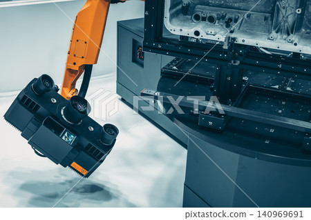 Modern 3D Scanner robot, Industrial metrology, Quality inspection, Manufacturing automation, Smart factory Modern 3D Scanner robot, Industrial metrology, Quality inspection, Manufacturing automation, Smart factory 140969691
