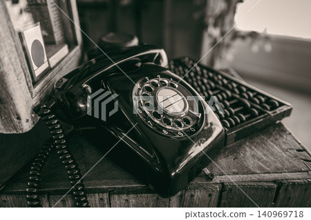 Vintage telephone, Retro communication, Antique technology, Classic device, Nostalgia concept Vintage telephone, Retro communication, Antique technology, Classic device, Nostalgia concept 140969718