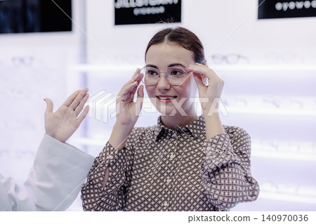Woman trying on eyeglasses in optical store, happy customer shopping for new eyewear Woman trying on eyeglasses in optical store, happy customer shopping for new eyewear 140970036