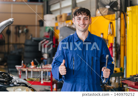 Portrait happy garage Mechanic worker in auto service center working service maintenance modern car. 140970252